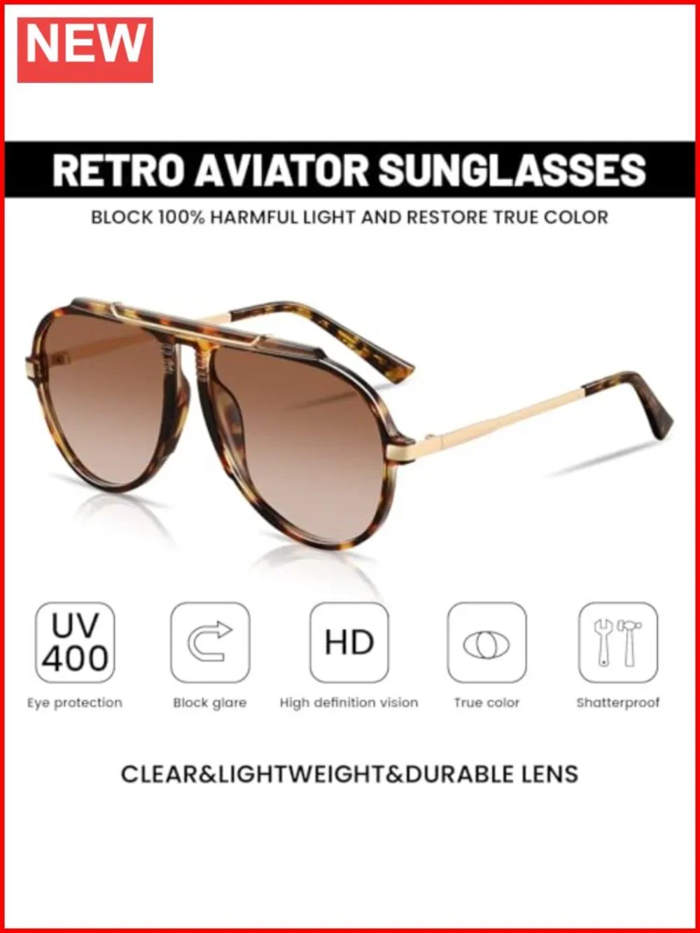 Oversized Retro Aviator Sunglasses Gold Metal UV400 Protection